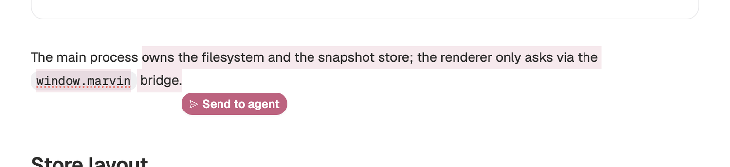 A text selection with a Send to agent action in Marvinz