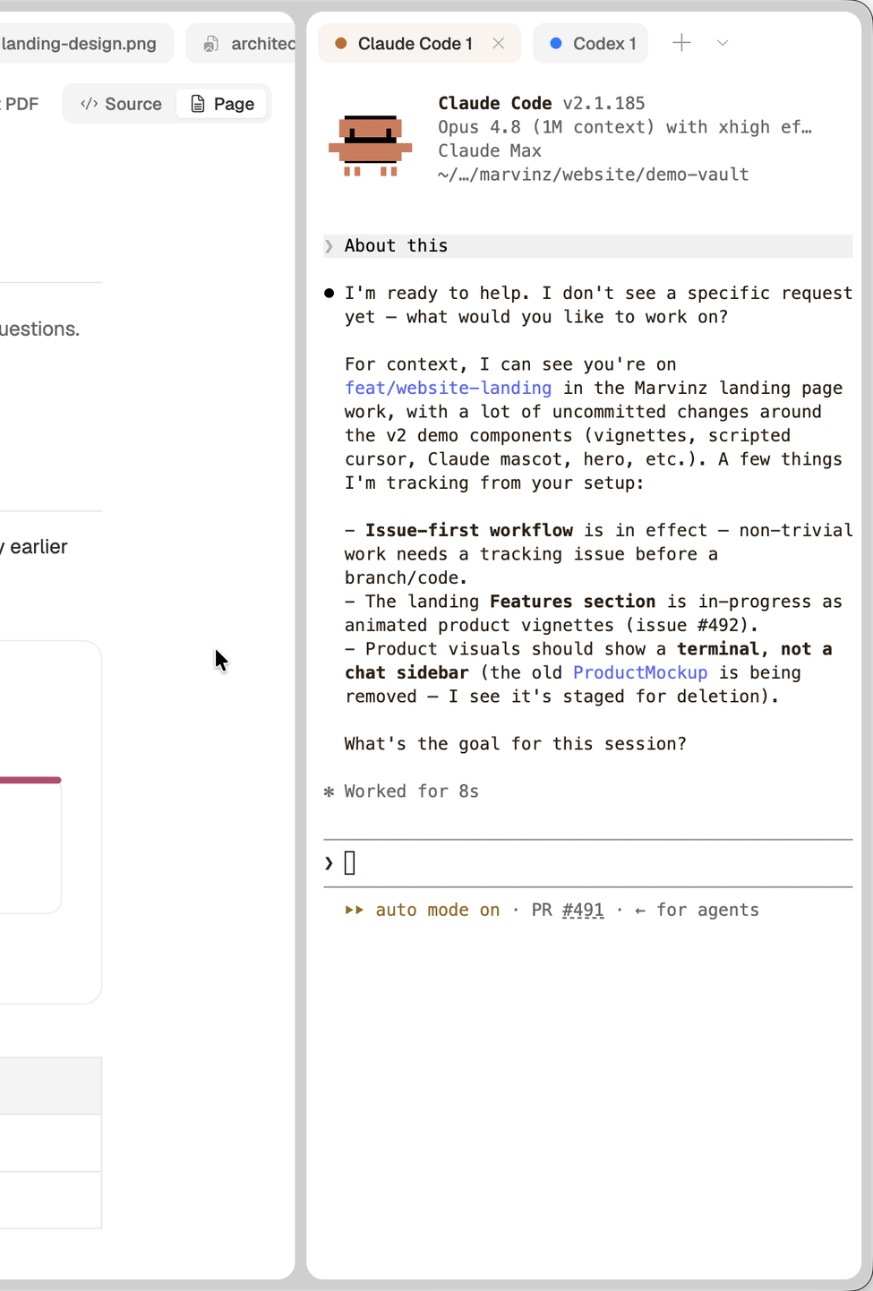 The Claude Code and Codex terminal pane running inside Marvinz