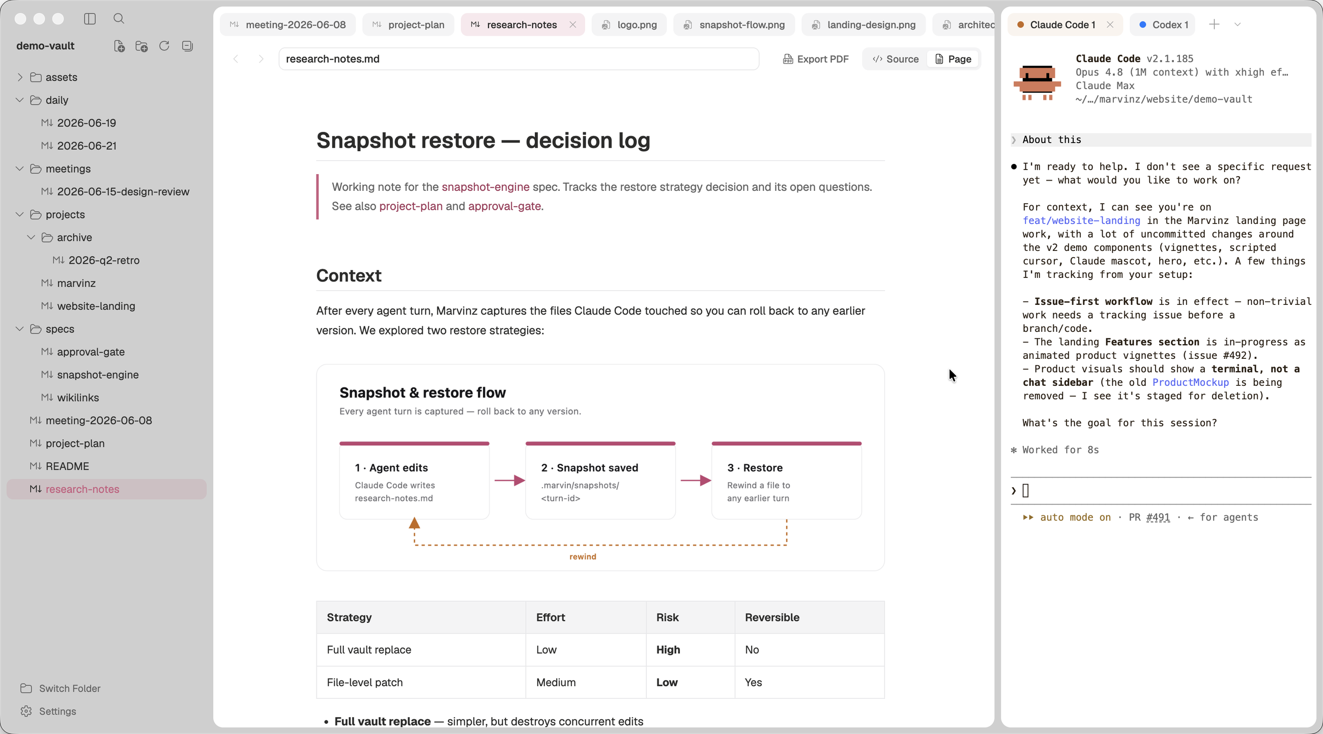 Marvinz workspace — file tree, a rendered markdown note with an embedded diagram, and the Claude Code and Codex terminal